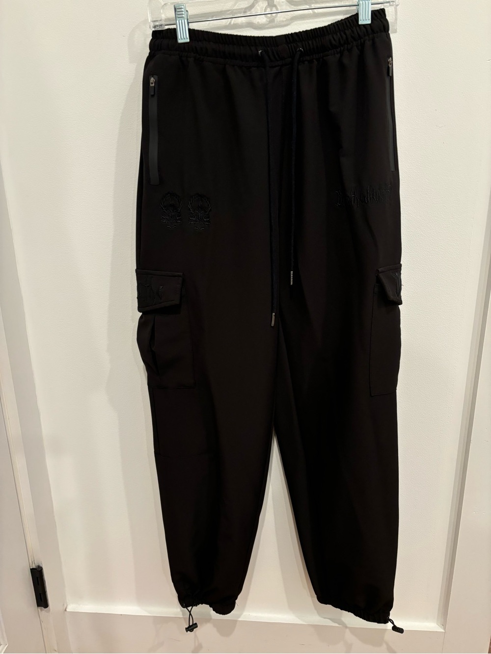 Breathedivinty Black Nylon Joggers Embroidery Cargo Pockets Womens Size L